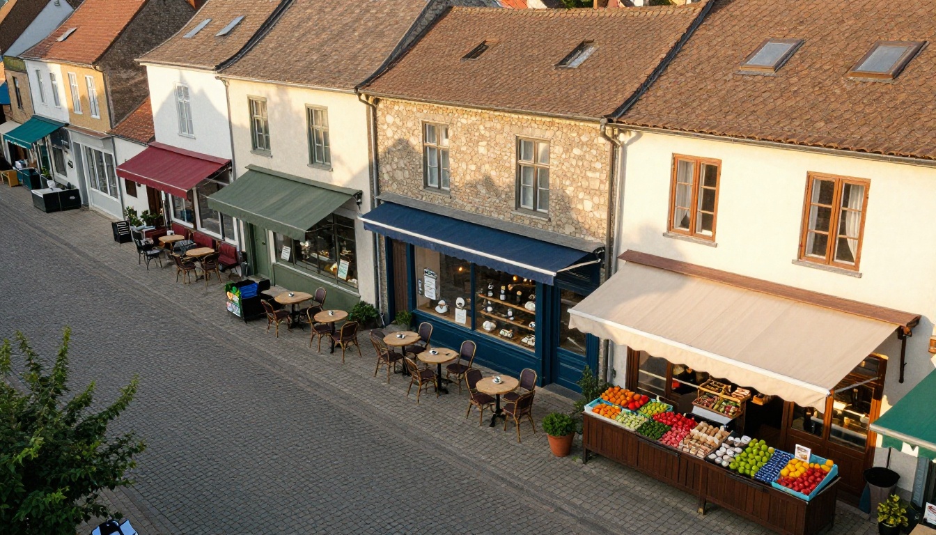 Aerial view of a neighborhood street with cafes and markets