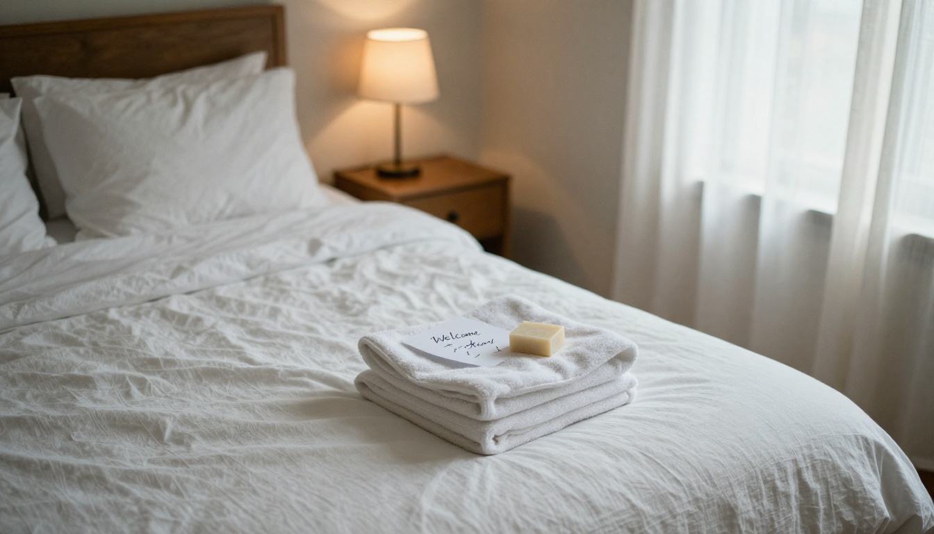 A tidy bedroom with fresh linens and a handwritten note