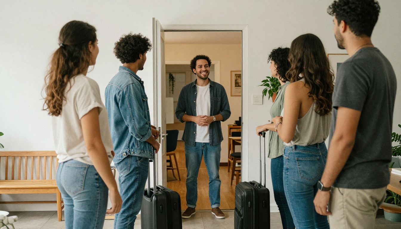A host greeting guests at the front door
