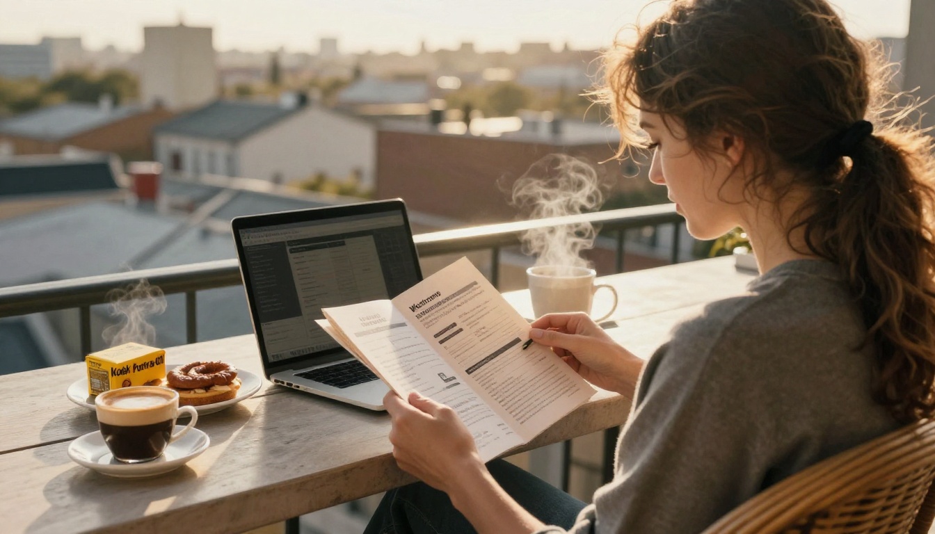 A traveler reading the welcome book on a sunny balcony