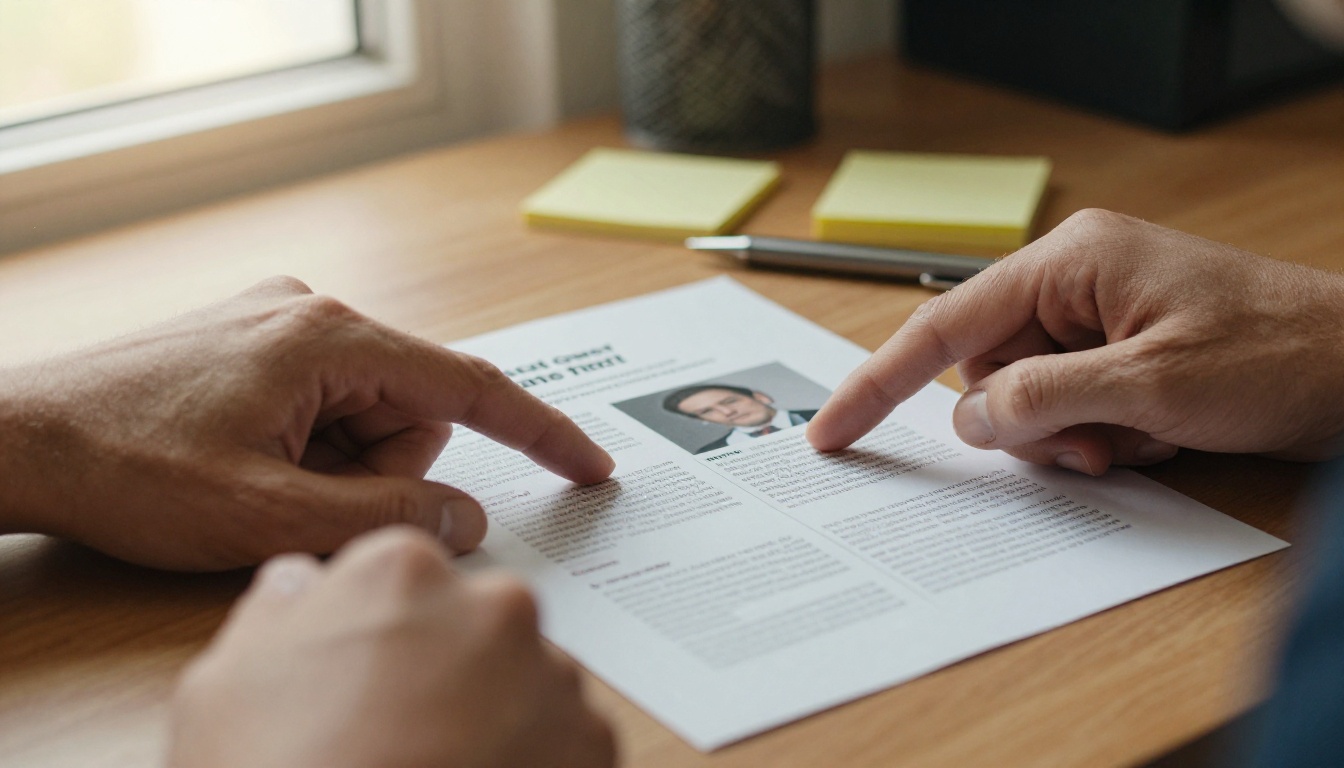 Sales manager pointing at a printed one page customer story Sales manager pointing at a printed one page customer story