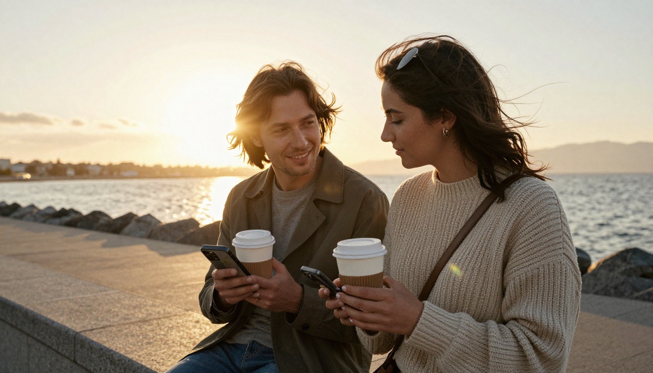 Guests walking along a seaside promenade with coffee