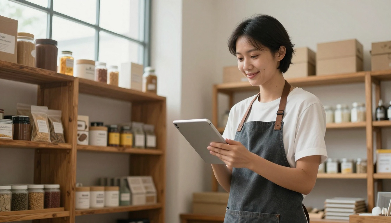 Small business owner in a workshop looking at a tablet Small business owner in a workshop looking at a tablet