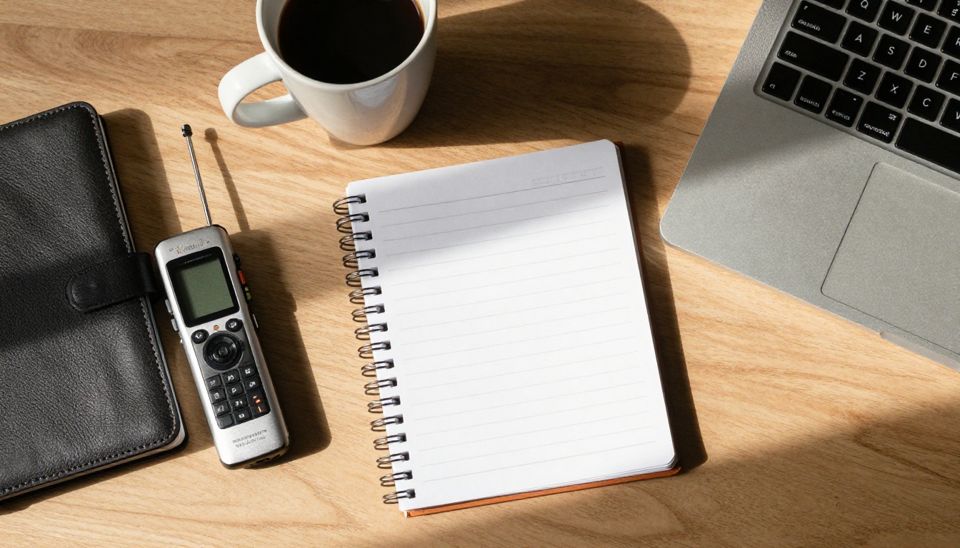 Top down view of an interview notebook, voice recorder and laptop Top down view of an interview notebook, voice recorder and laptop
