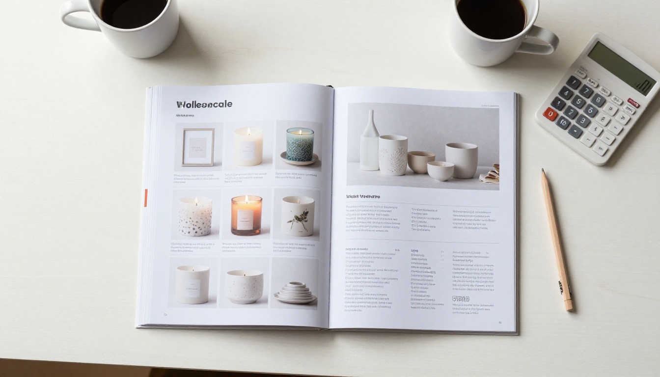 Printed wholesale catalog spreads laid flat on an oak desk with a calculator and coffee Printed wholesale catalog spreads laid flat on an oak desk with a calculator and coffee