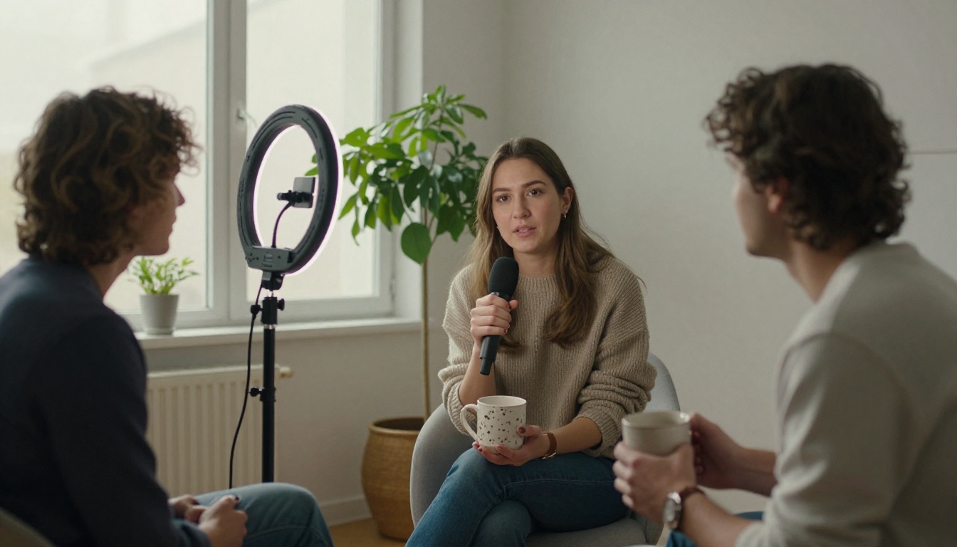 Two colleagues recording a casual customer interview Two colleagues recording a casual customer interview