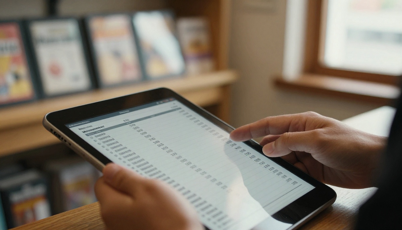 Tablet showing a wholesale price list with quantity columns held in a hand Tablet showing a wholesale price list with quantity columns held in a hand