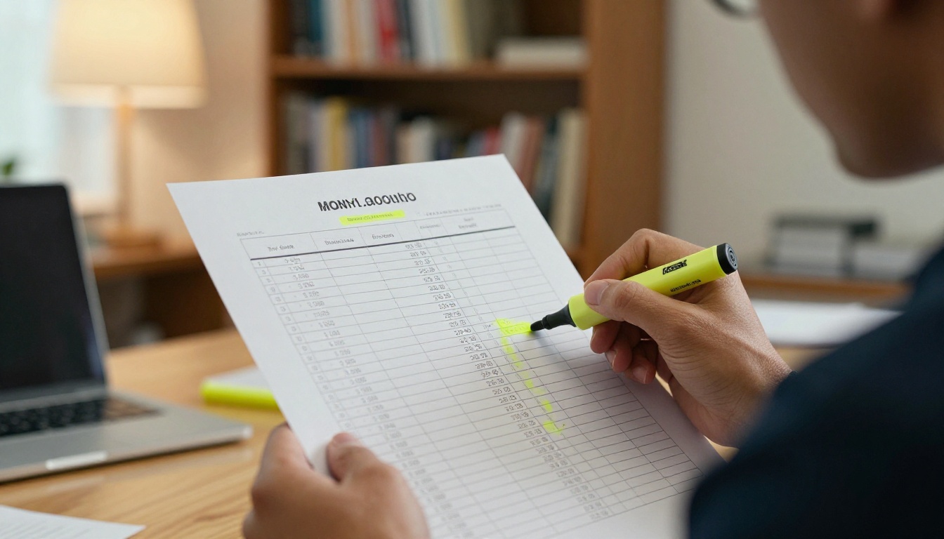 Analyst highlighting monthly results on a printed spreadsheet Analyst highlighting monthly results on a printed spreadsheet