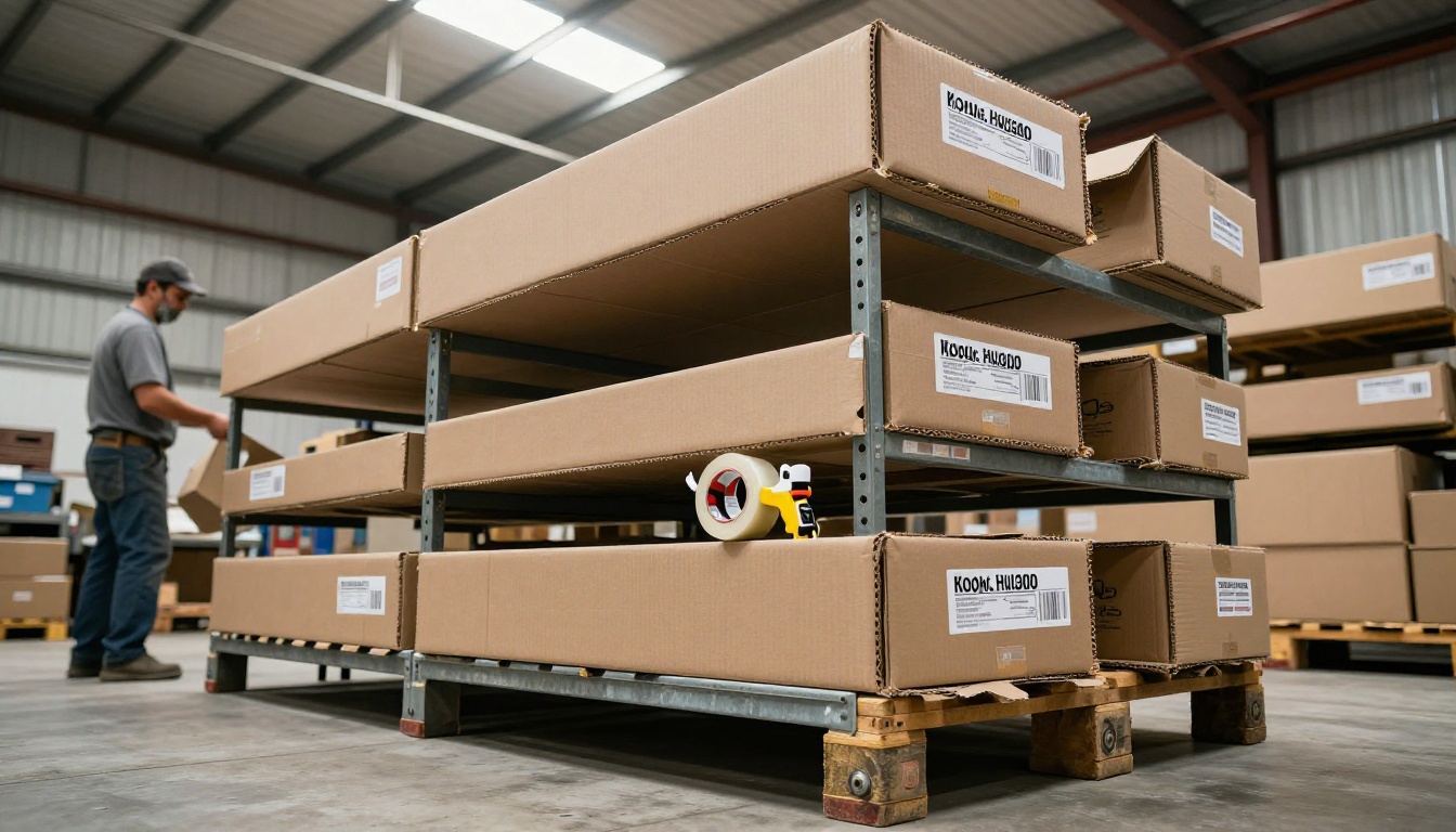 Warehouse worker packing cartons on a metal rack under skylight Warehouse worker packing cartons on a metal rack under skylight