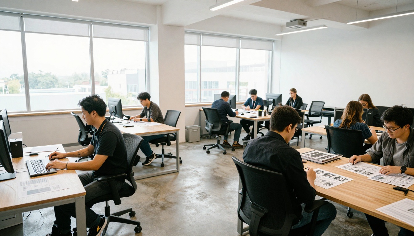 Open plan office where a team reviews printed layouts Open plan office where a team reviews printed layouts