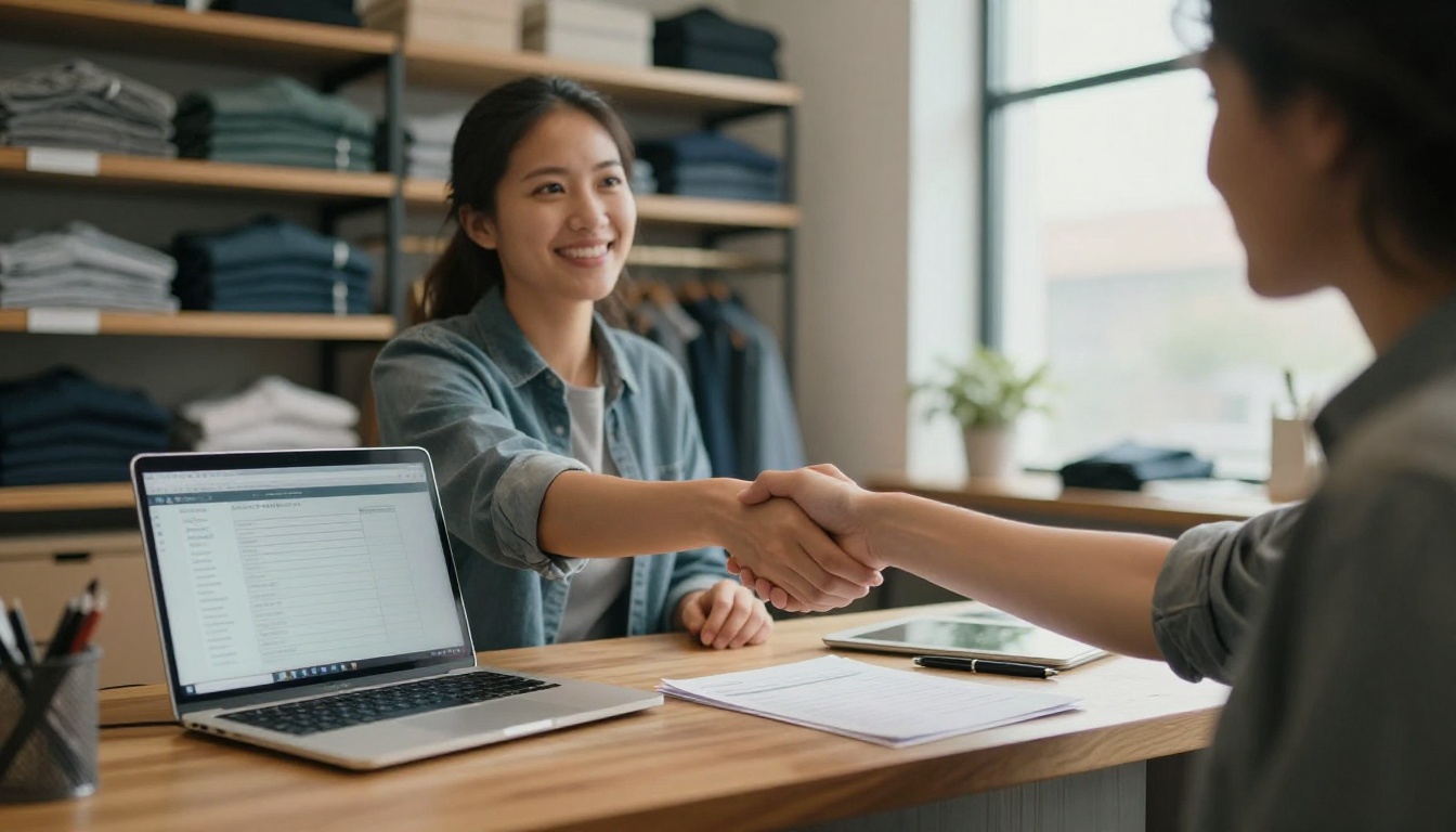 Two business owners shaking hands over a wooden counter in a stockroom Two business owners shaking hands over a wooden counter in a stockroom