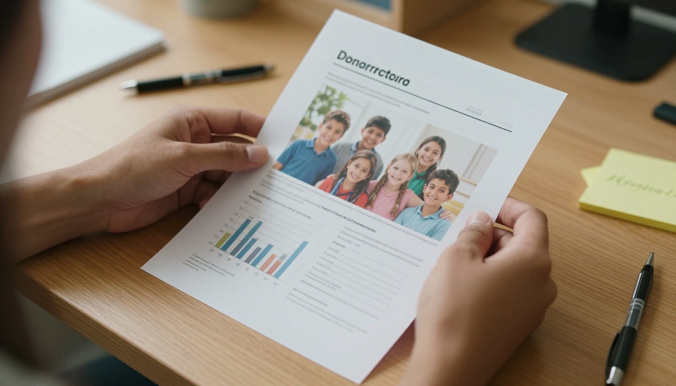 A printed donor report with a bar chart and photos of smiling children on an oak desk