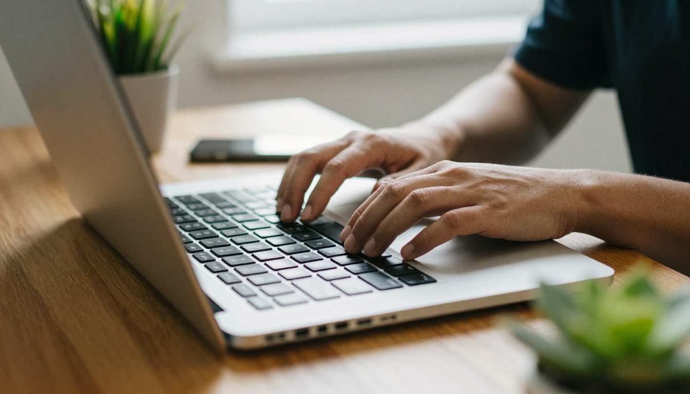 Hands typing a customer story outline on a laptop Hands typing a customer story outline on a laptop