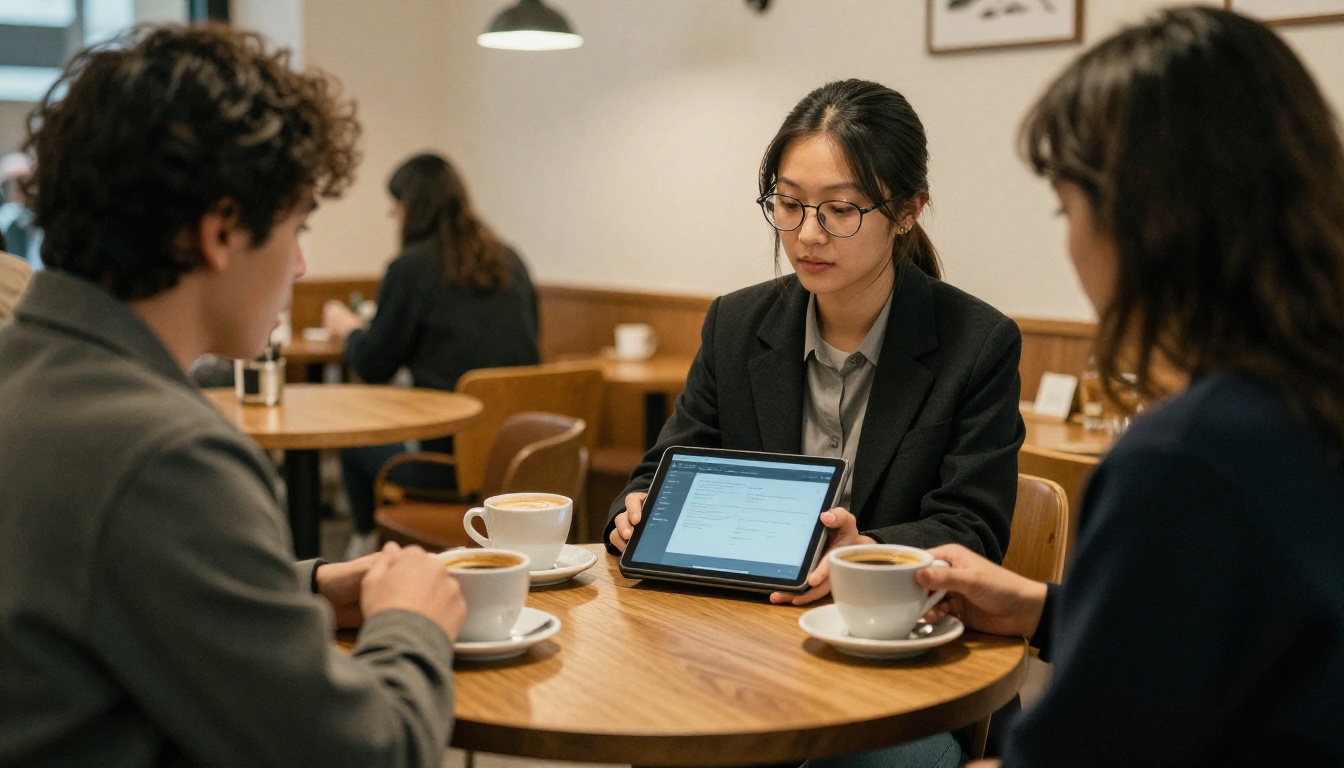 Sales representative showing a tablet to a client in a coffee shop Sales representative showing a tablet to a client in a coffee shop