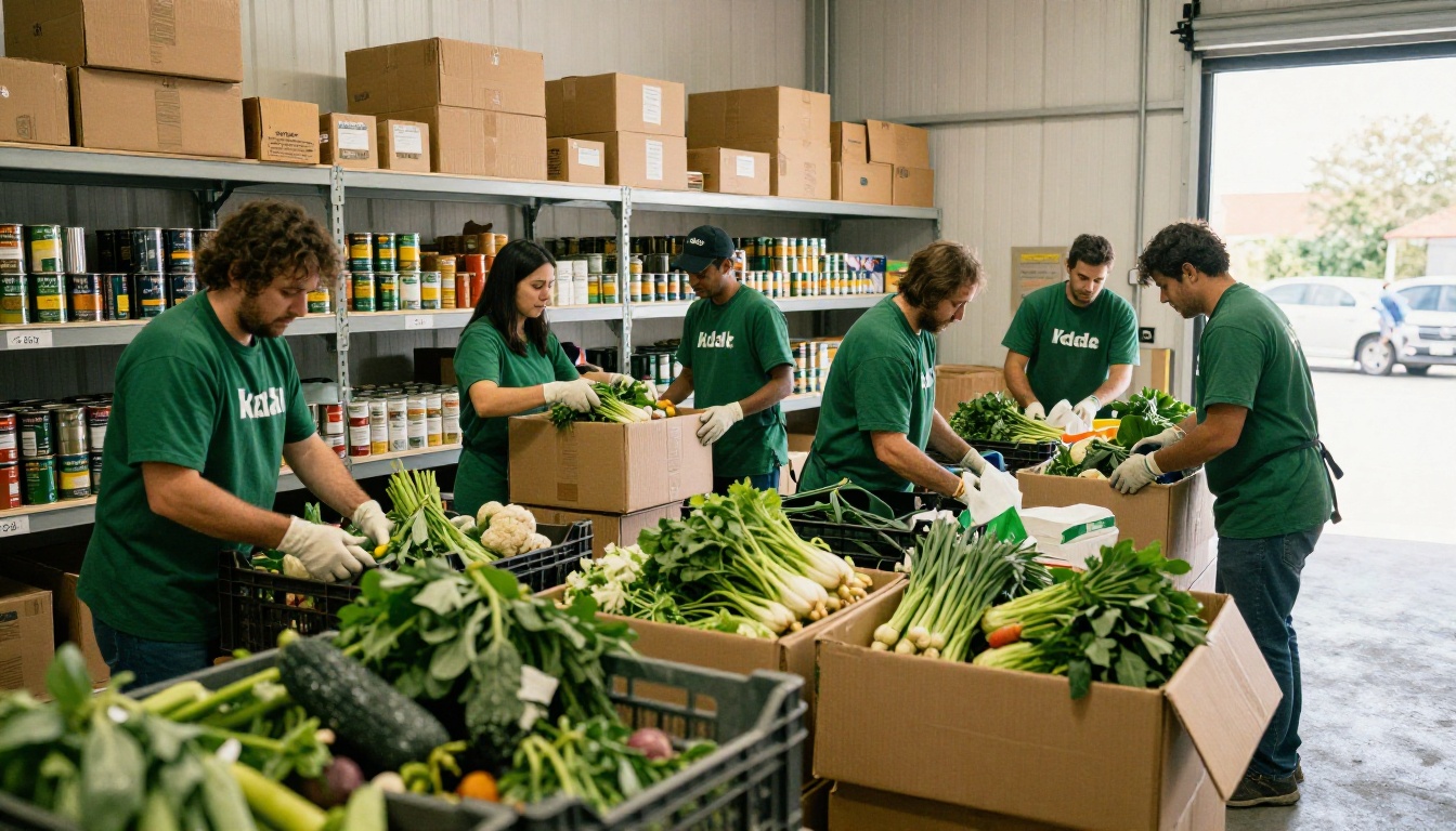 Volunteers in green aprons unloading vegetable crates in a food bank warehouse