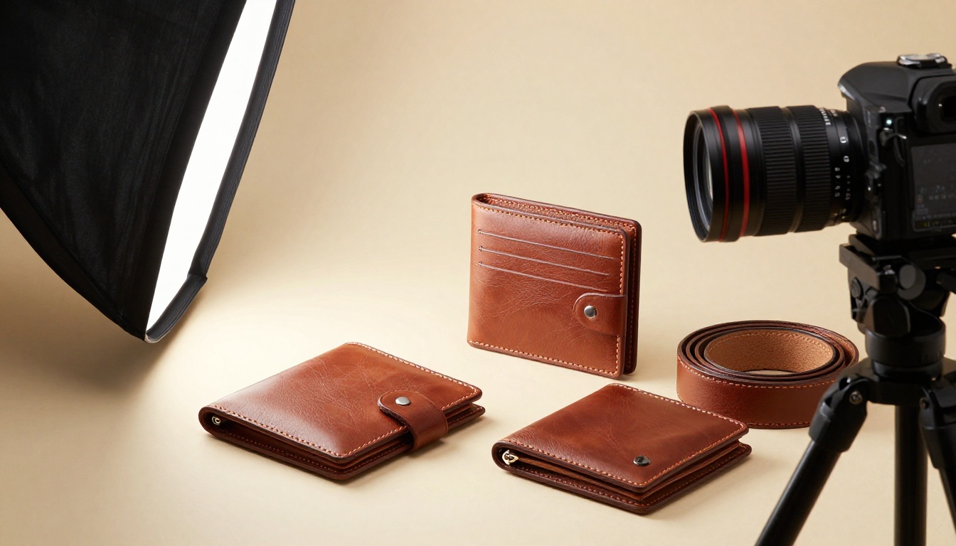 Photographer arranging leather wallets and belts on a beige backdrop beside a softbox Photographer arranging leather wallets and belts on a beige backdrop beside a softbox