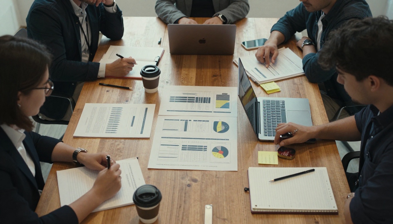 Overhead view of a nonprofit team reviewing printed charts and a laptop at a conference table