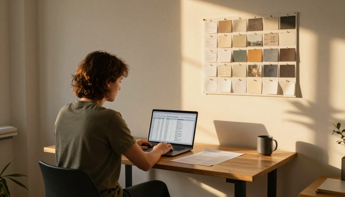Small business owner reviewing a printed spreadsheet of margins at a standing desk Small business owner reviewing a printed spreadsheet of margins at a standing desk