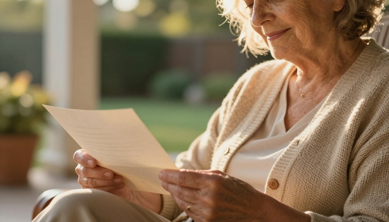An elderly donor reading a letter on a porch armchair in warm afternoon light