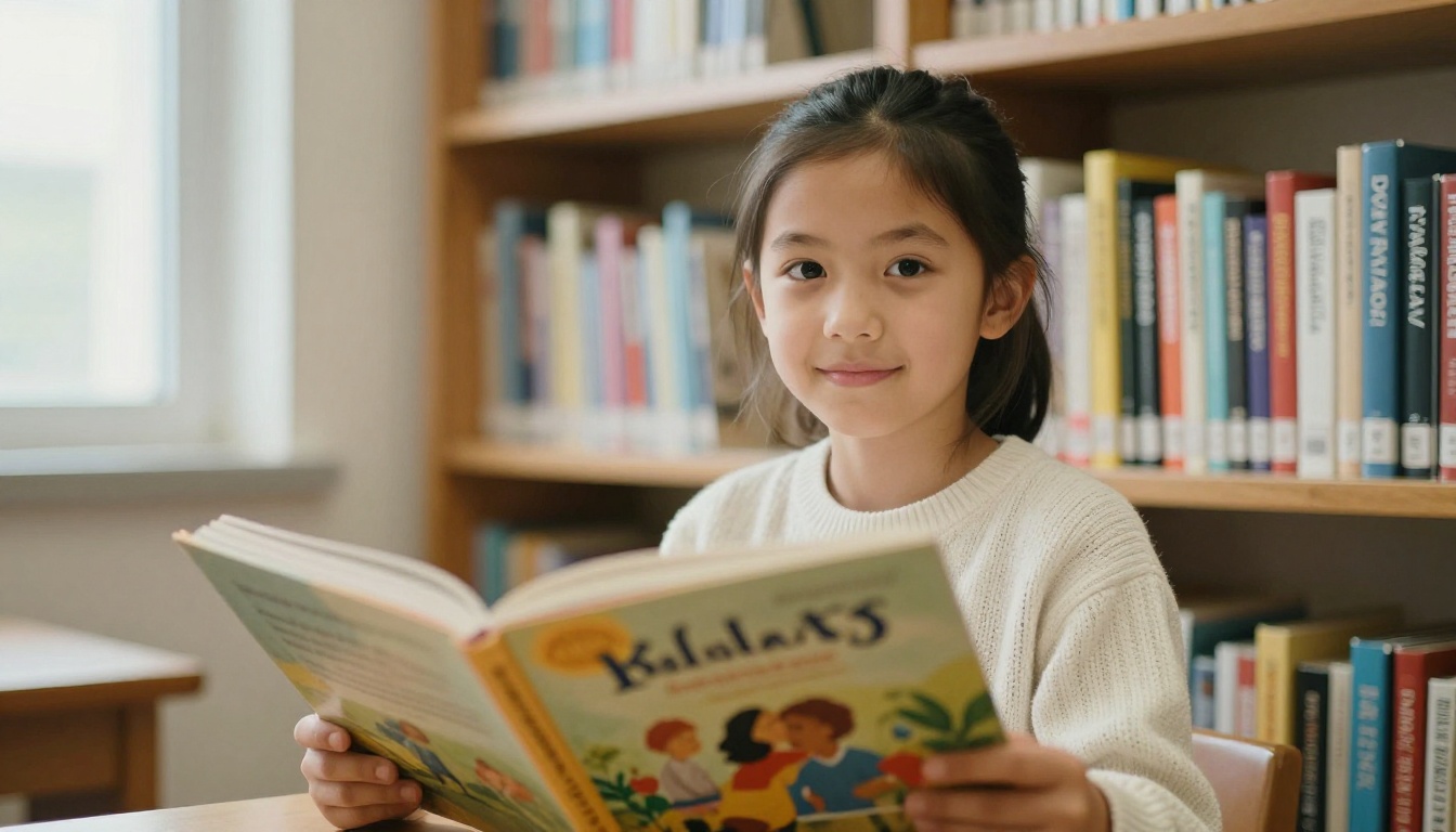 A young girl in a school library holding a new picture book and smiling
