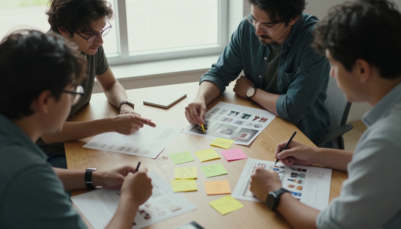 Team reviewing printed catalog proofs with sticky notes around a table Team reviewing printed catalog proofs with sticky notes around a table