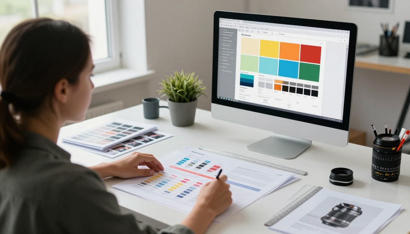 A designer laying out a report on a monitor with color swatches and printed photo proofs