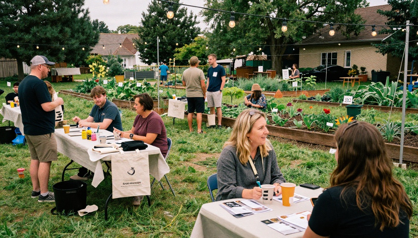 A community garden fundraiser event with guests chatting beside tables of tote bags and brochures