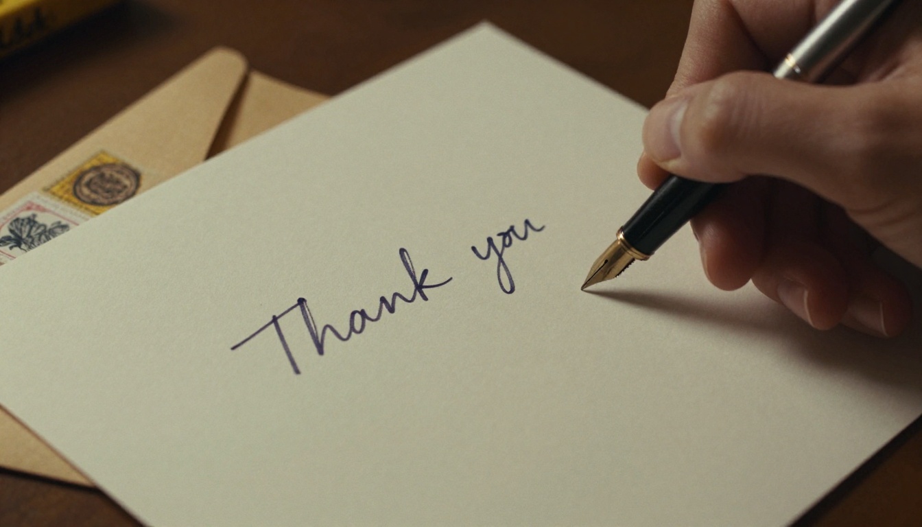 A hand writing a personal thank you note with a fountain pen on cream cardstock
