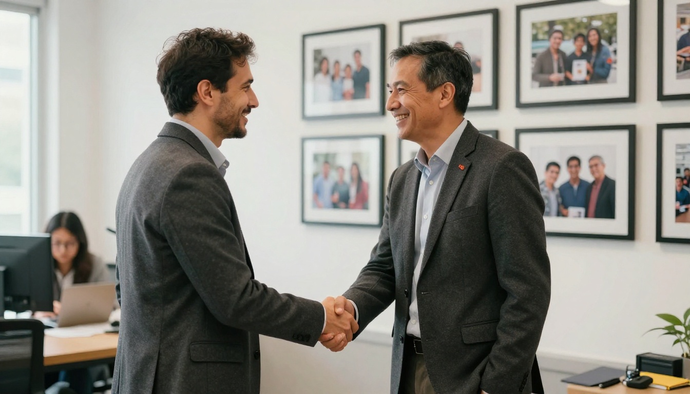 An executive director shaking hands with a smiling foundation funder in a bright lobby