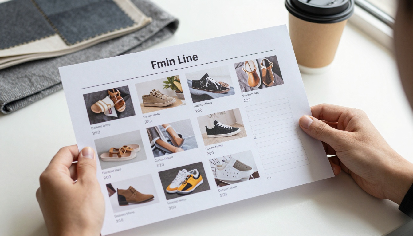 Hands holding a printed fashion line sheet with a product grid