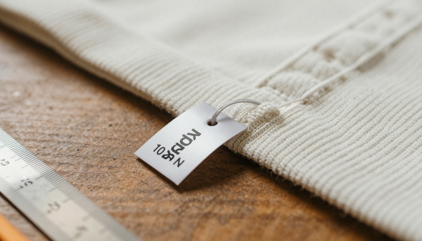 Garment hang tag and folded knit with visible stitching