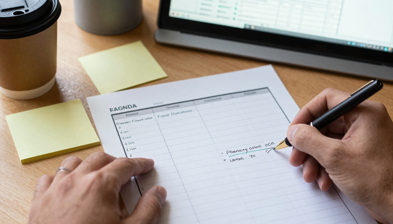Event organizer sketching an agenda timeline at a wooden desk