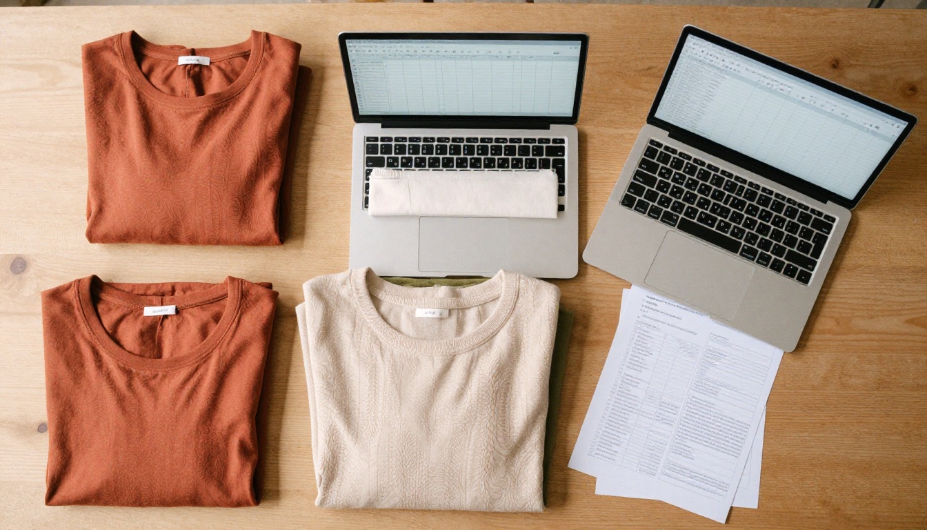Overhead flat lay of folded garments in terracotta, cream and olive