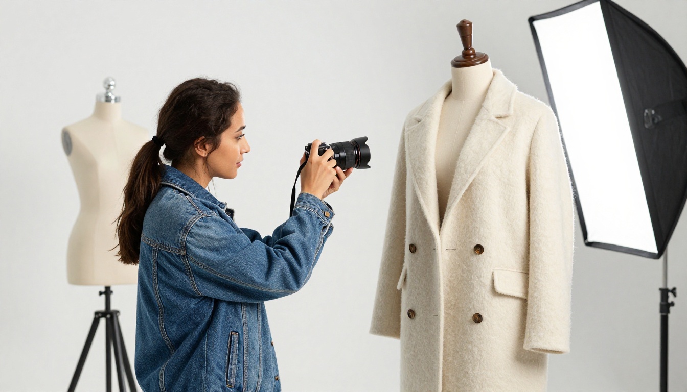 Founder photographing a wool coat on a mannequin with a softbox