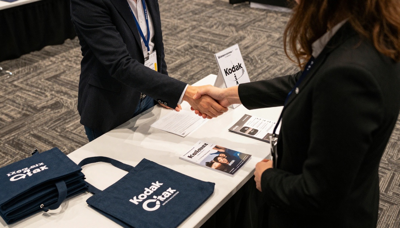 Sponsor booth representative shaking hands with an attendee at a trade event