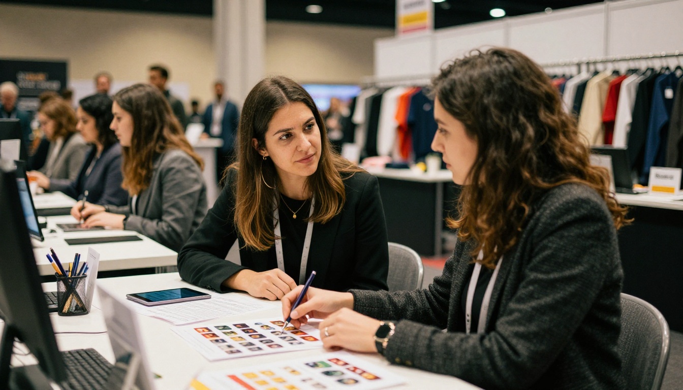 Sales rep and retail buyer comparing sheets at a tradeshow booth