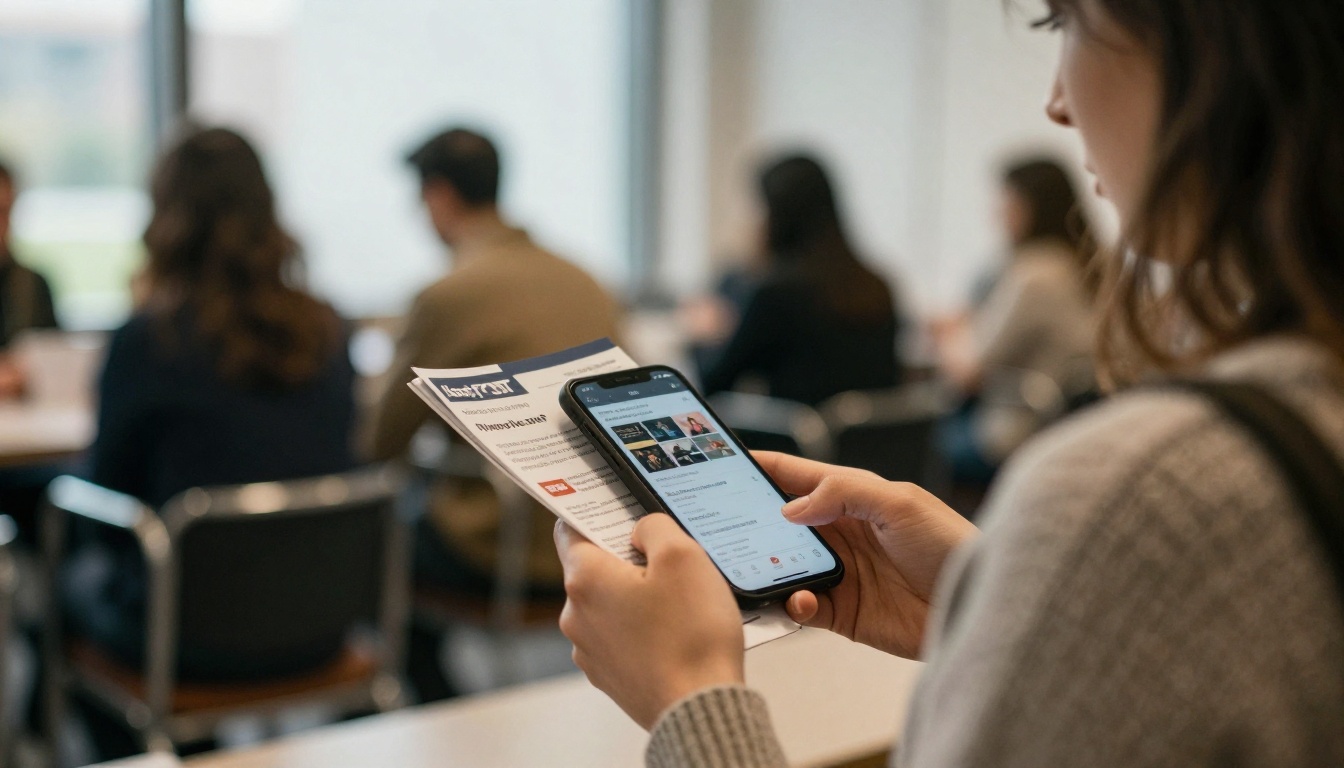 Woman reading a digital event program on her smartphone in a conference corridor