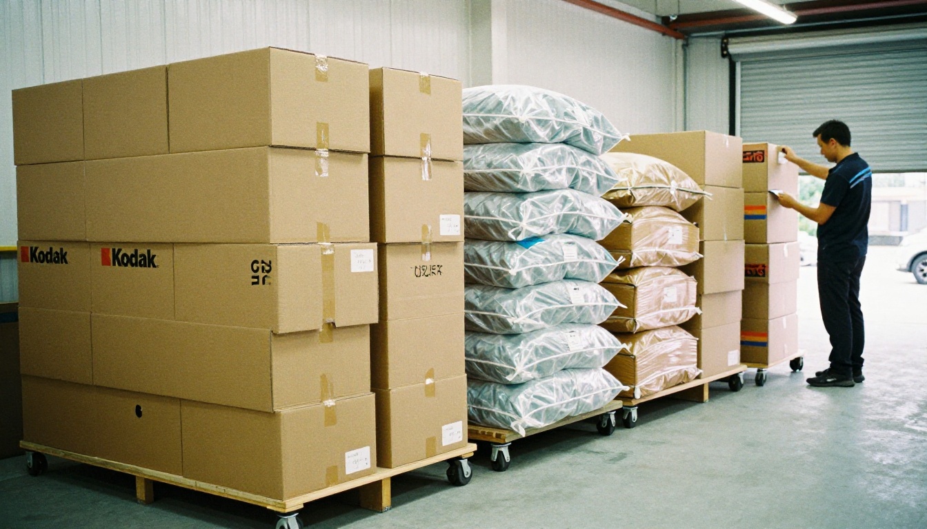 Boxes and garment bags in a small fashion warehouse