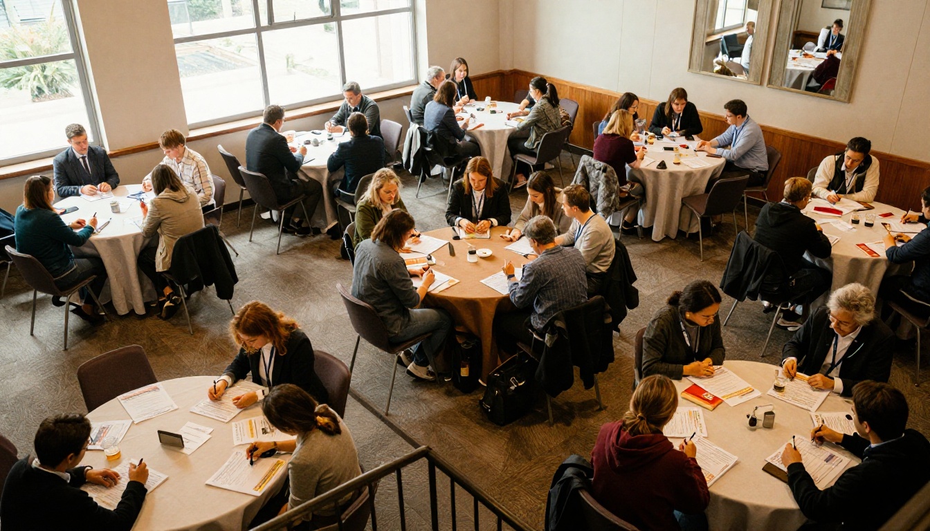 Attendees in a breakout session room with printed programs on every table
