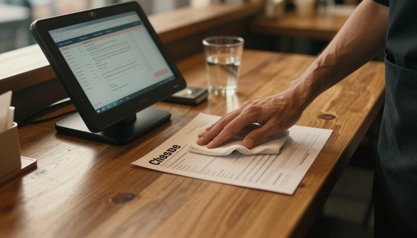 Server wiping a table beside the closing checklist Server wiping a table beside the closing checklist