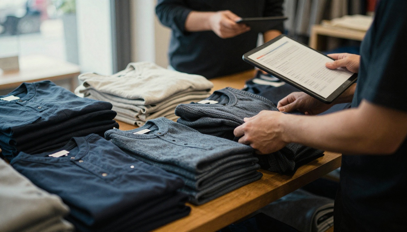 Retail employee arranging folded sweaters while a manager checks a tablet Retail employee arranging folded sweaters while a manager checks a tablet