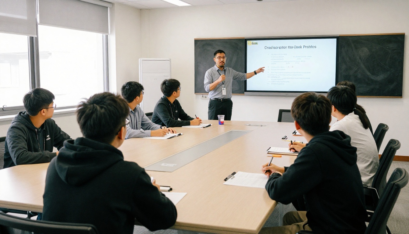Franchise trainer presenting a manual to new employees Franchise trainer presenting a manual to new employees