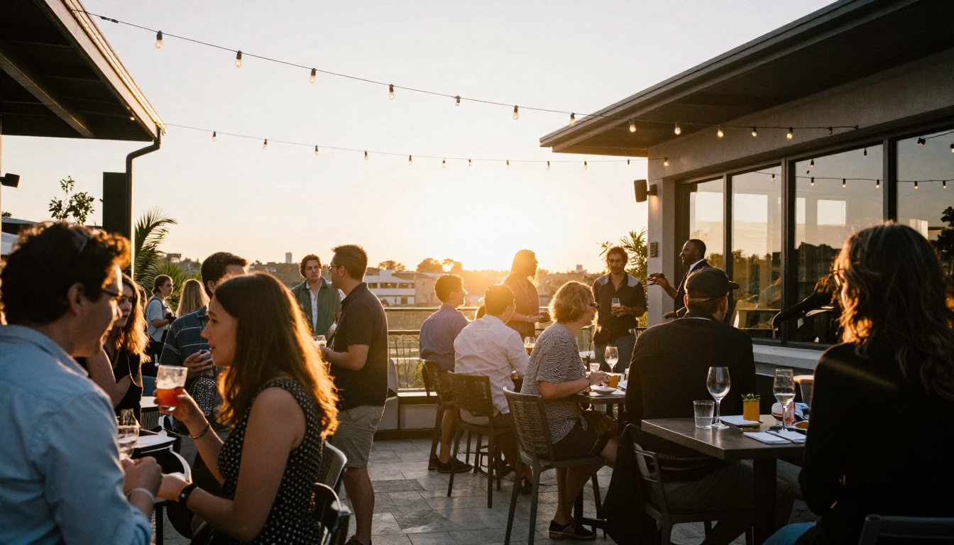 Guests chatting at a networking reception on a hotel terrace at dusk