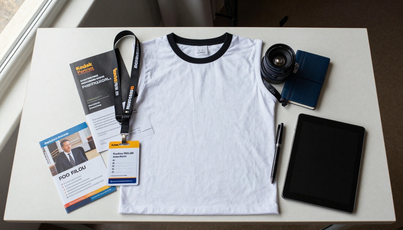 Flat lay of an event kit with a printed program booklet, badge, pen and notebook