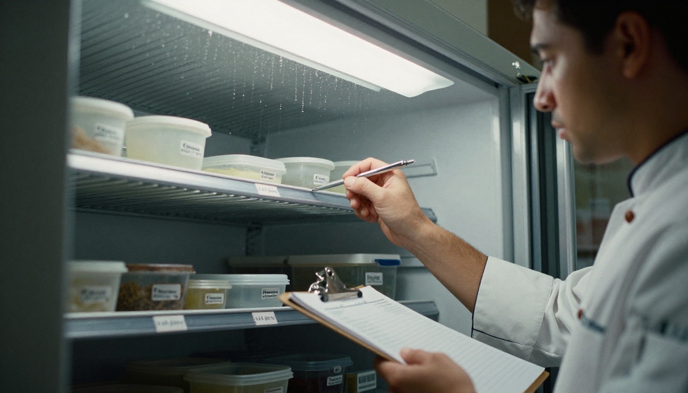 Chef recording refrigerator temperatures on a clipboard Chef recording refrigerator temperatures on a clipboard