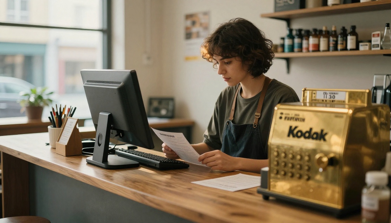 Shop owner checking an opening procedure sheet at the register Shop owner checking an opening procedure sheet at the register