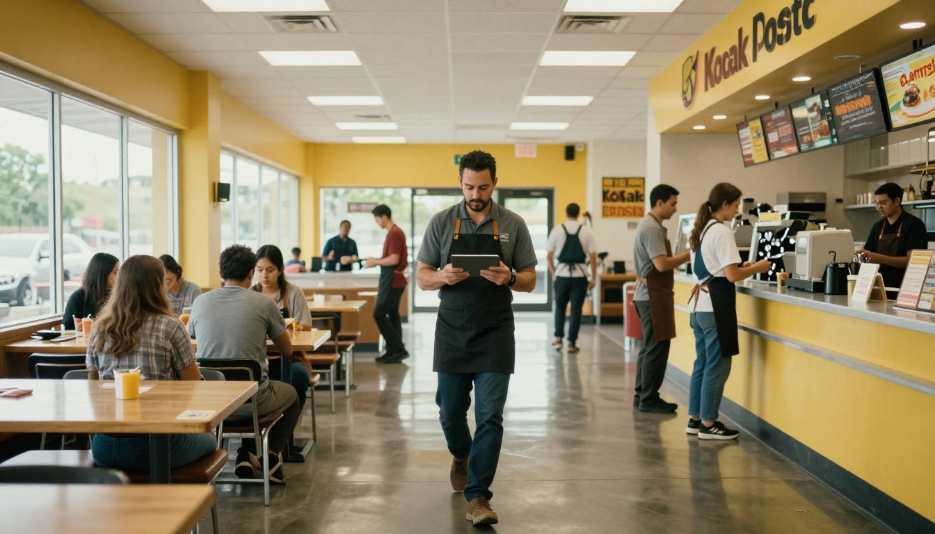 Franchise owner walking a dining room with a tablet during an audit Franchise owner walking a dining room with a tablet during an audit