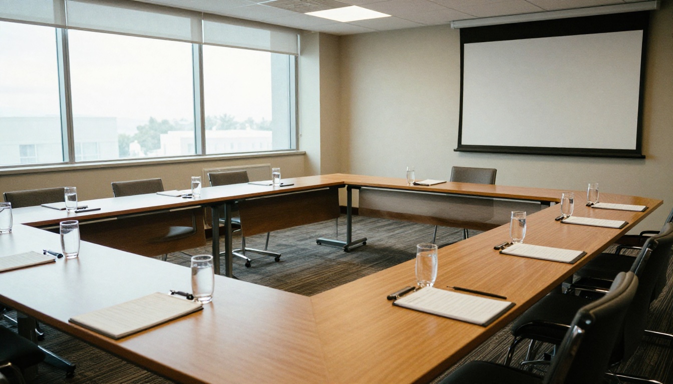 Aerial view of a hotel conference room with a U-shape table layout Aerial view of a hotel conference room with a U-shape table layout