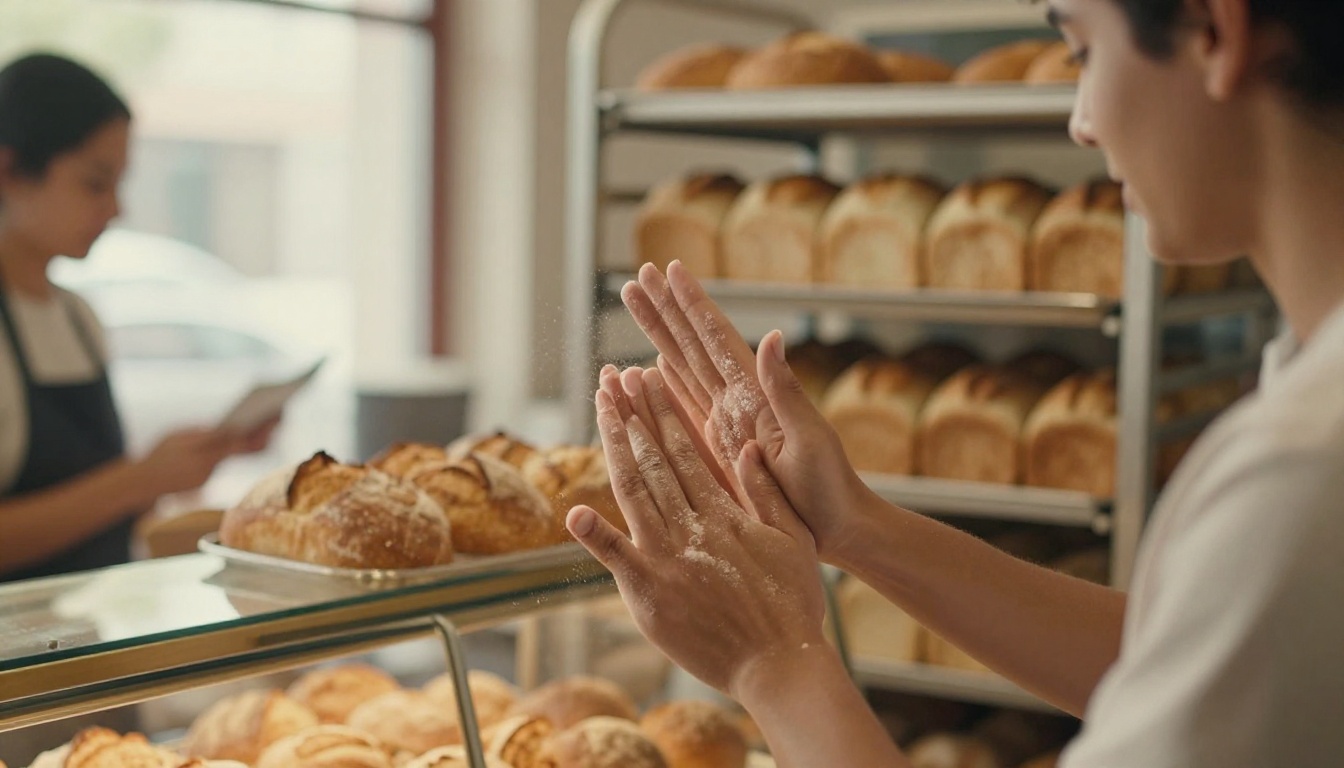 Two colleagues celebrating after a smooth shift at a bakery counter Two colleagues celebrating after a smooth shift at a bakery counter
