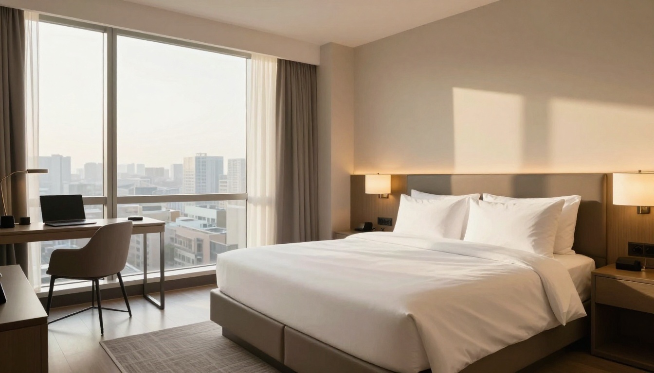 Bright modern hotel guest room with a king bed and work desk Bright modern hotel guest room with a king bed and work desk
